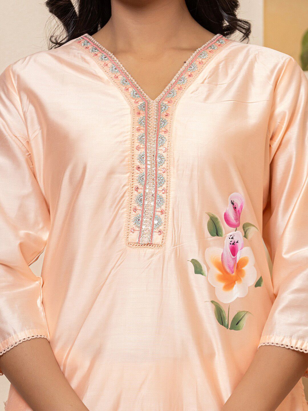 Floral Printed V-Neck Thread Work Straight Kurta with Trousers & Dupatta