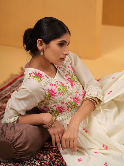 Dhiyona IS Women's Women Floral Embroidered Regular Thread Work Pure Cotton Kurta With Trousers