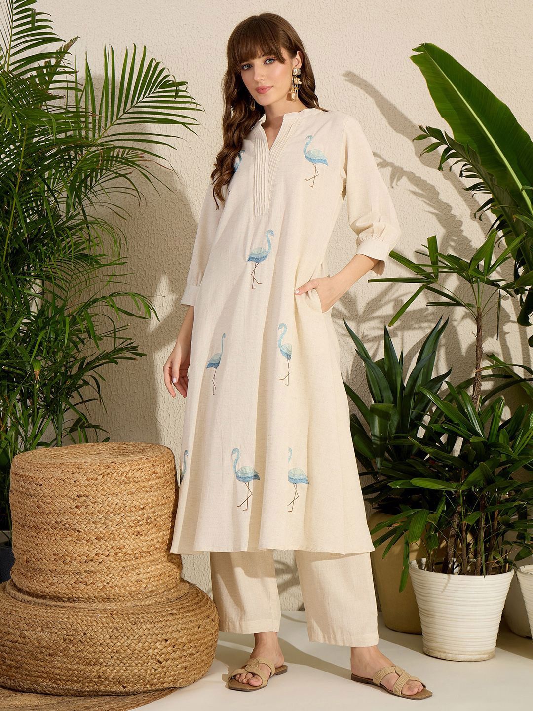 Adults-Women Woven Design Embroidered Cotton A-Line Kurta with Trousers