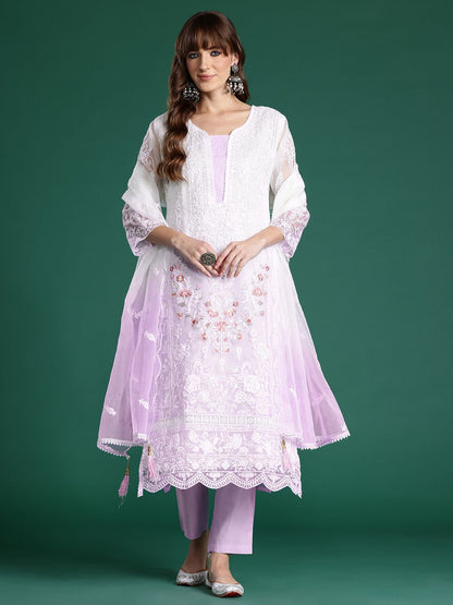 Floral Embroidered Sequinned Kurta with Trousers & Dupatta