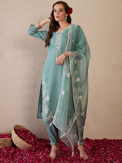 Dhiyona IE Women Floral Embroidered Regular Thread Work Kurta with Trousers & With Dupatta