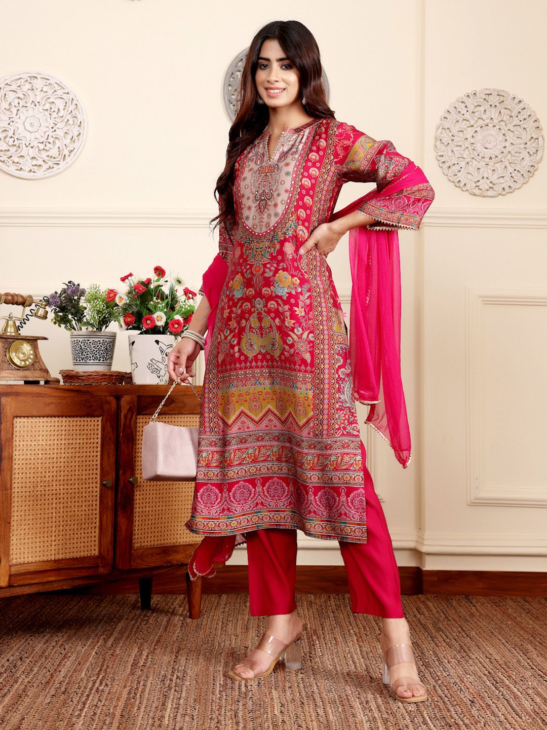Dhiyona VA Women'sEthnic Motifs Printed Gotta Patti Chanderi Silk Kurta With Trousers And Dupatta