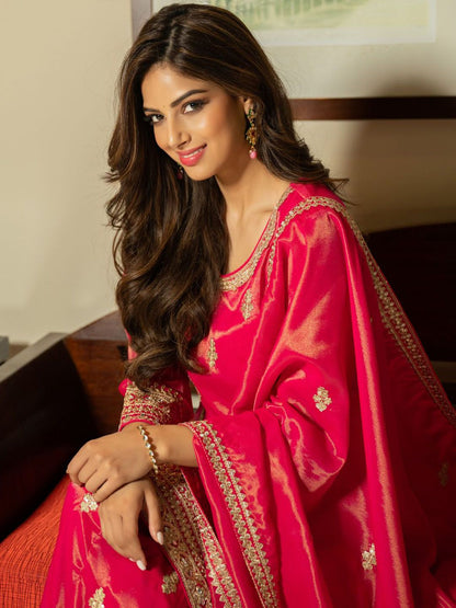 Floral Embroidered Sequnnied Straight Kurta With Palazzos & Dupatta