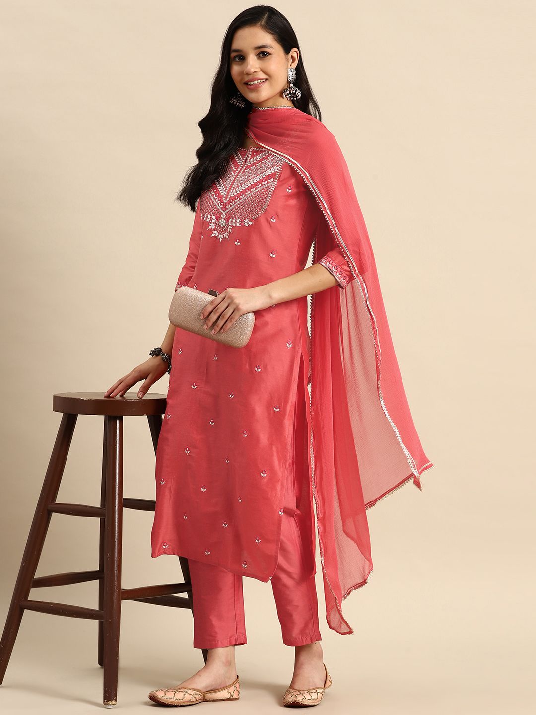 Dhiyona SN Women's Floral Embroidered Sequinned Kurta with Trousers & Dupatta