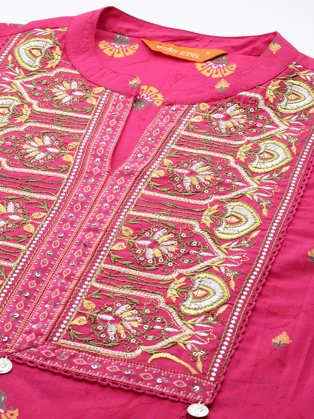 Dhiyona IE Ethnic Motifs Printed Panelled Thread Work Pure Cotton Kurta with Trousers