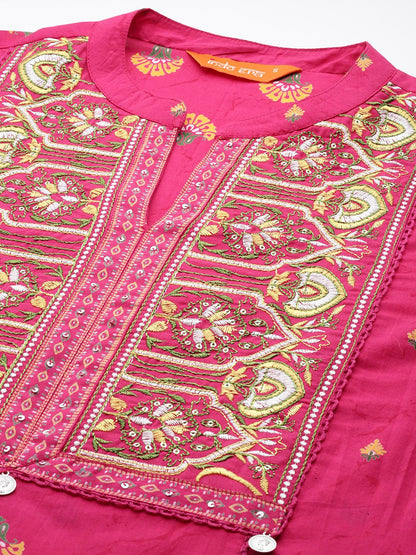 Dhiyona IE Ethnic Motifs Printed Panelled Thread Work Pure Cotton Kurta with Trousers