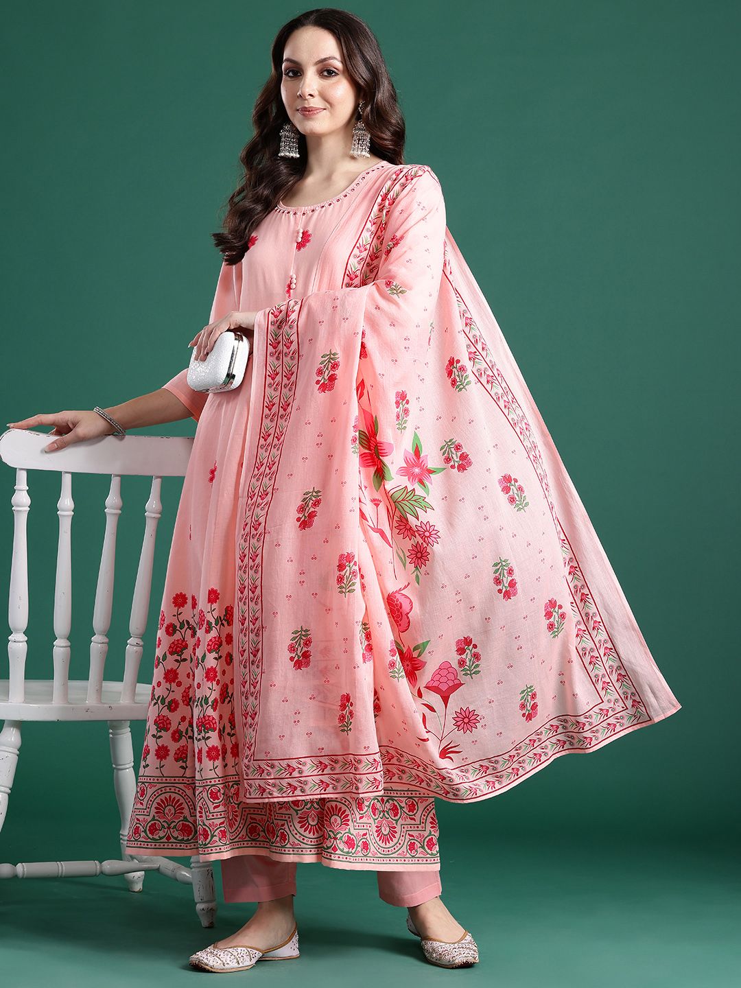 Floral Printed Beads & Stones Pure Cotton Kurta With Trousers & Dupatta