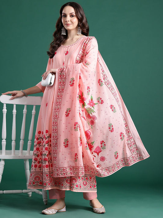 Floral Printed Beads & Stones Pure Cotton Kurta With Trousers & Dupatta