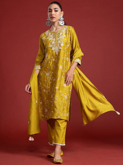 Dhiyona IE Floral Embroidered Sequinned Kurta With Trousers & Dupatta