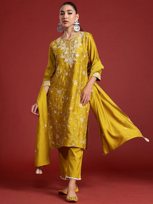 Dhiyona IE Floral Embroidered Sequinned Kurta With Trousers & Dupatta