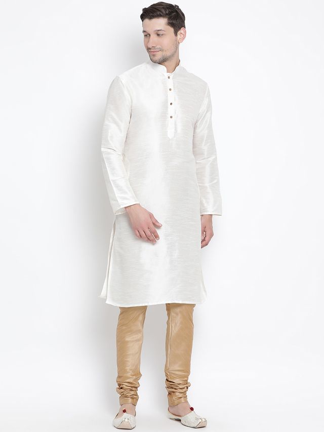 Men's Cream Silk Blend Straight Kurta Pyjama Set