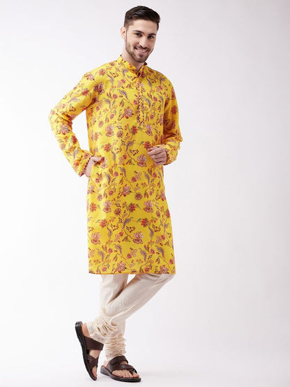 Men's MulticolorBaseMustard Muslin Straight Kurta Pyjama Set