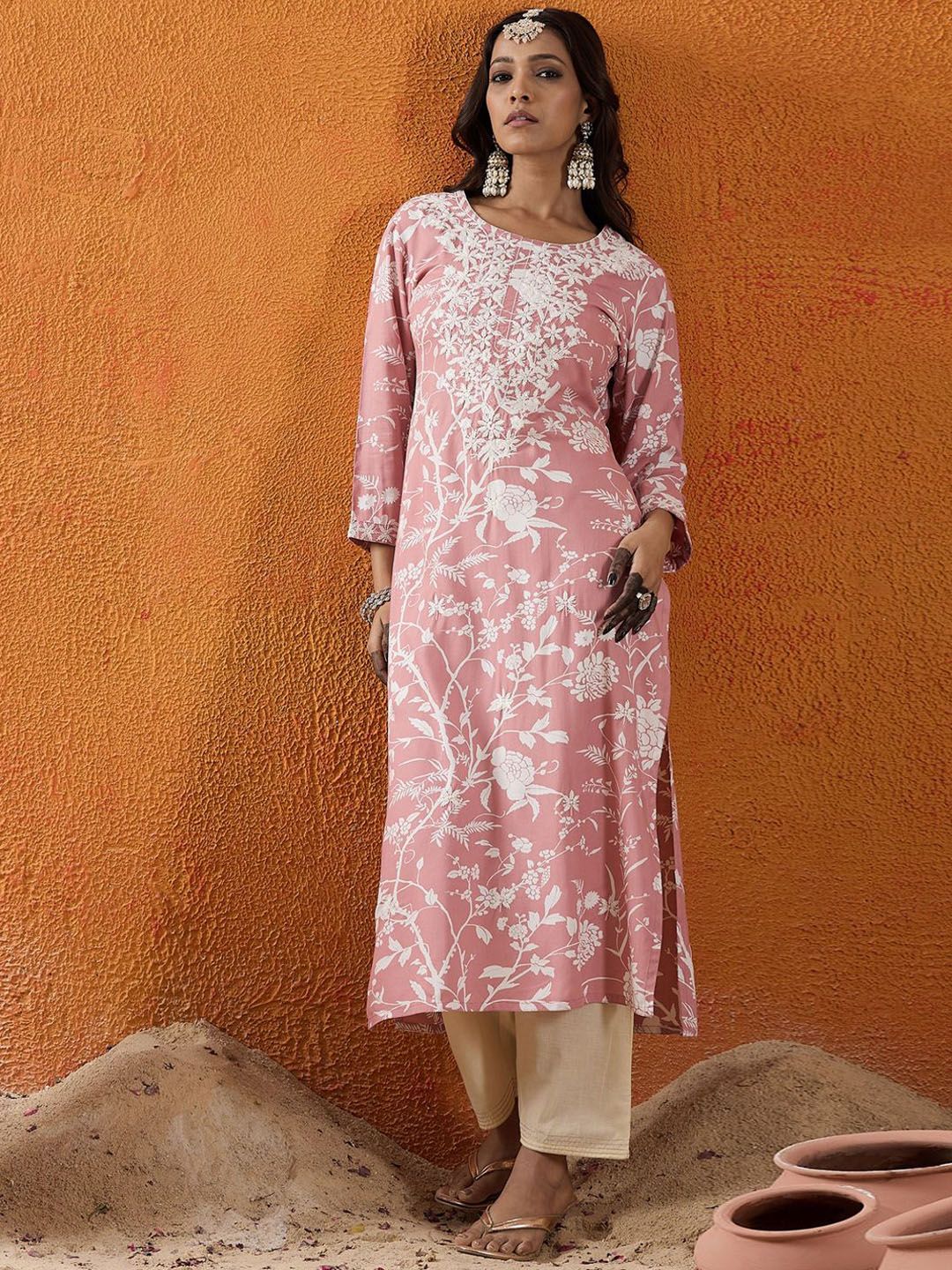 Dhiyona IE Floral Embroidered Thread Work Straight Kurta