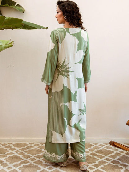 Dhiyona IS Women's Floral Printed V-Neck Mirror Work Straight Kurta With Palazzos