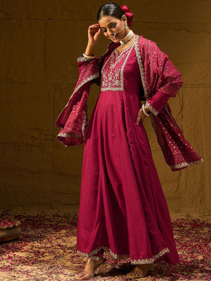 Dhiyona IE Ethnic Motifs Embroidered Zari A-Line Kurta With Trousers & Dupatta