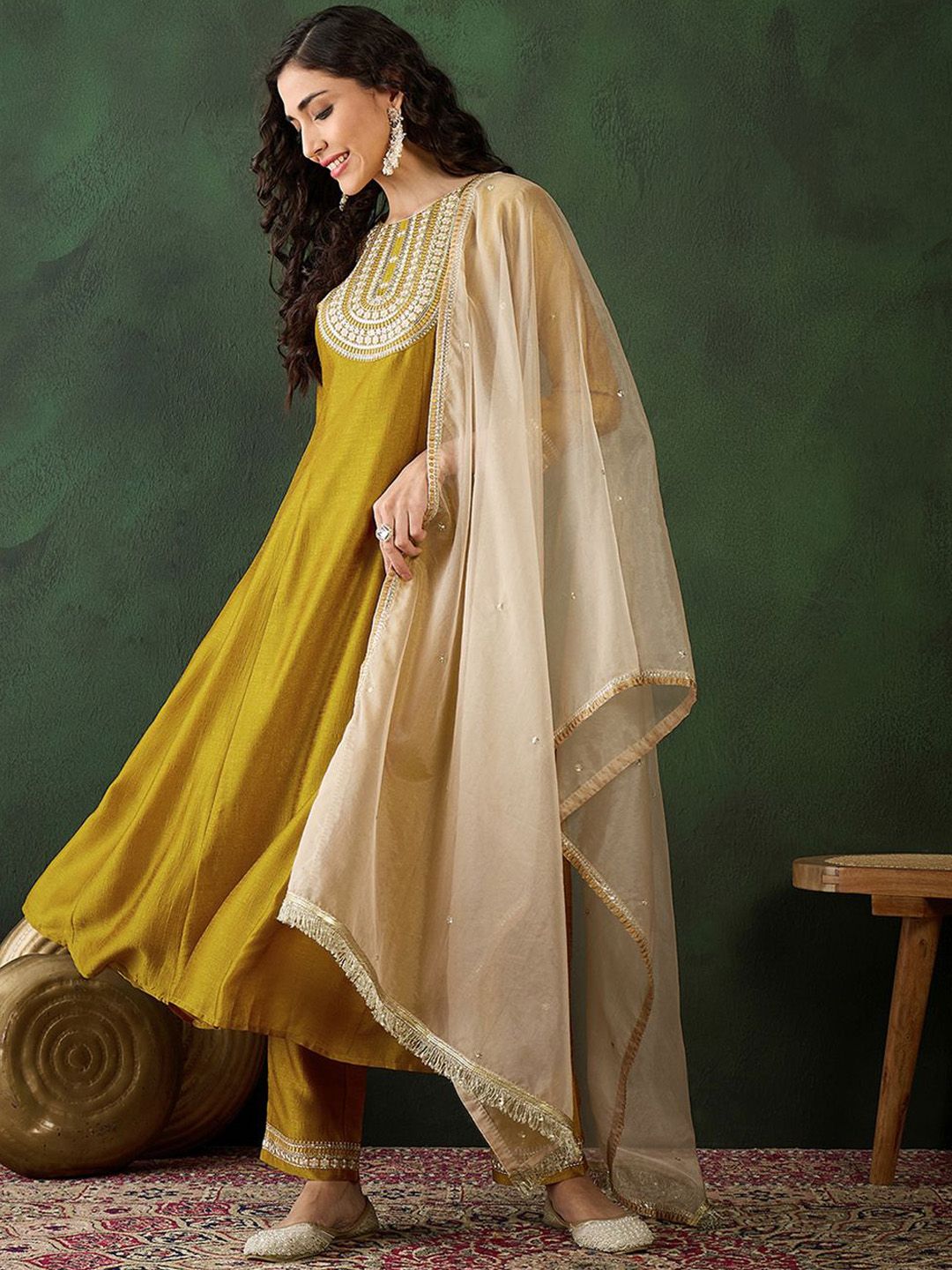 Dhiyona SN Women's Mustard Yellow Floral Embroidered Zari A-line Kurta With Trousers & Dupatta