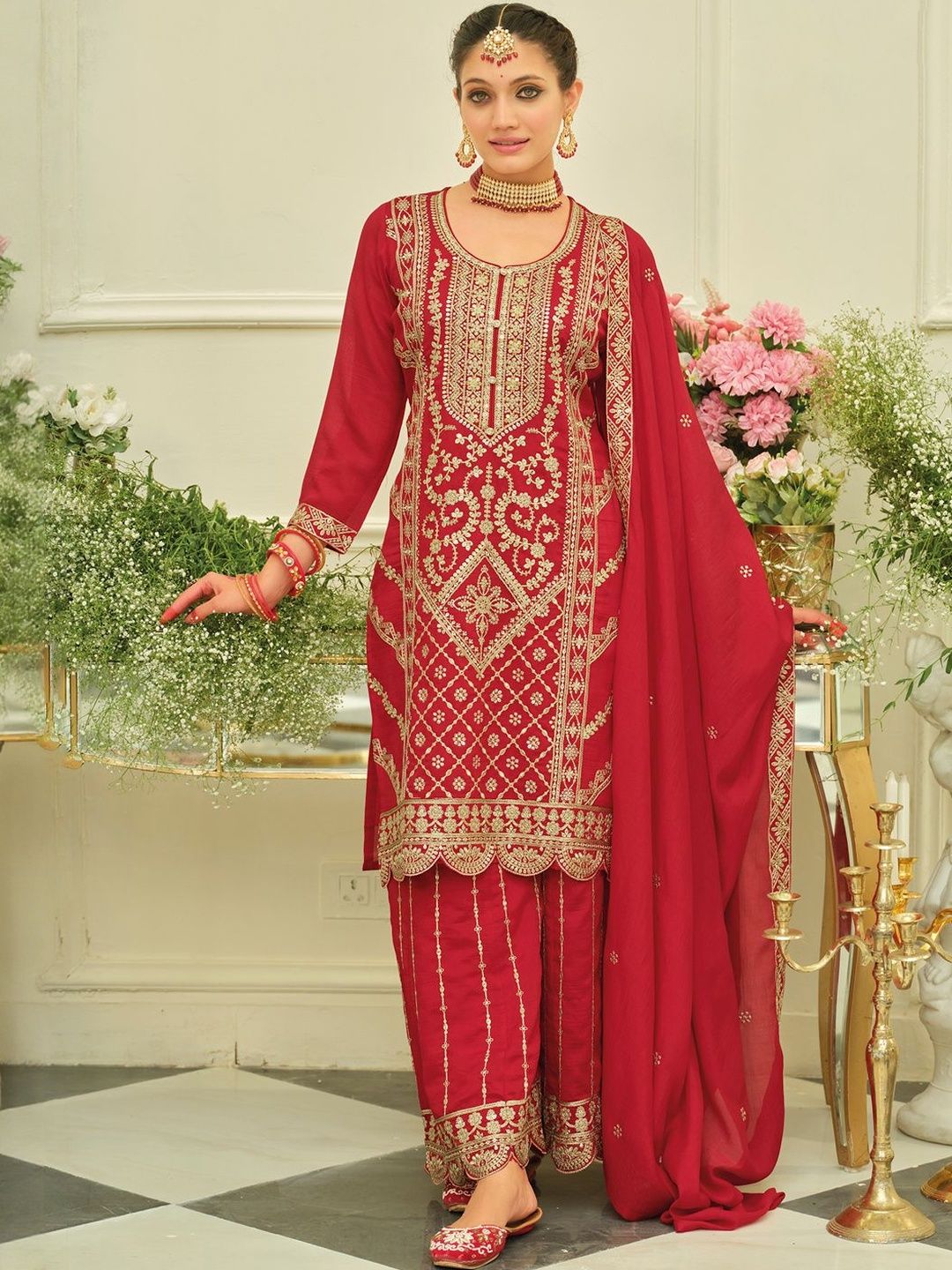 Dhiyona IE Ethnic Motifs Embroidered Straight Kurta With Sharara & Dupatta