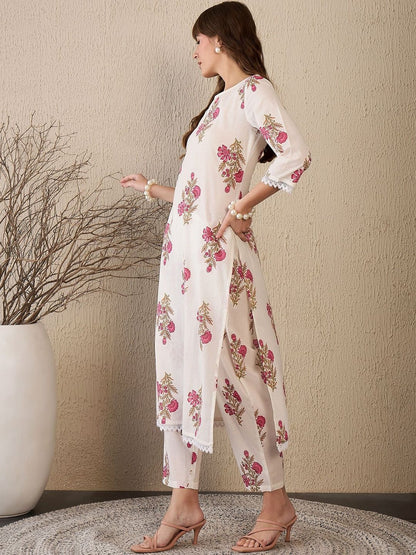 Floral Printed V-Neck Straight Pure Cotton Kurta With Trouser