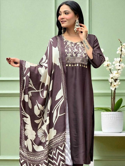 Dhiyona SN Women's SangriaFloral Floral Printed Yoke Or Border Straight Kurta With Trouser And Dupatta