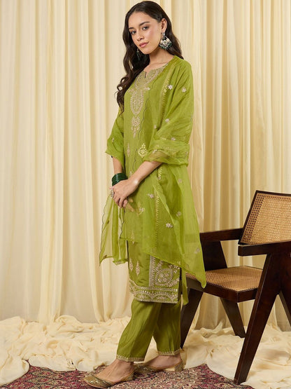 Women Ethnic Motifs Embroidered Regular Sequinned Kurta with Trousers & With Dupatta