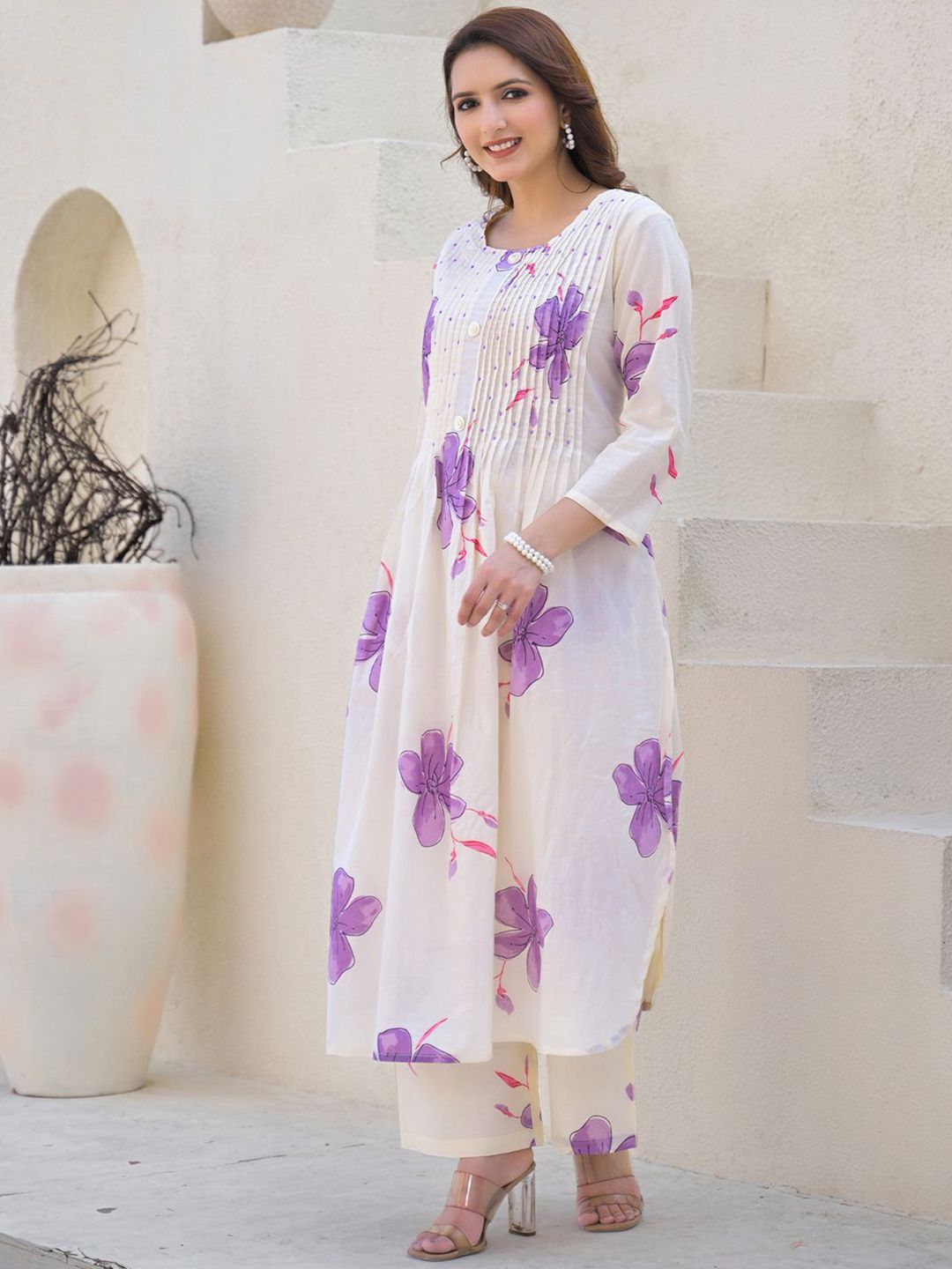 Dhiyona IE Floral Printed Round Neck Pure Cotton Tunic With Palazzo