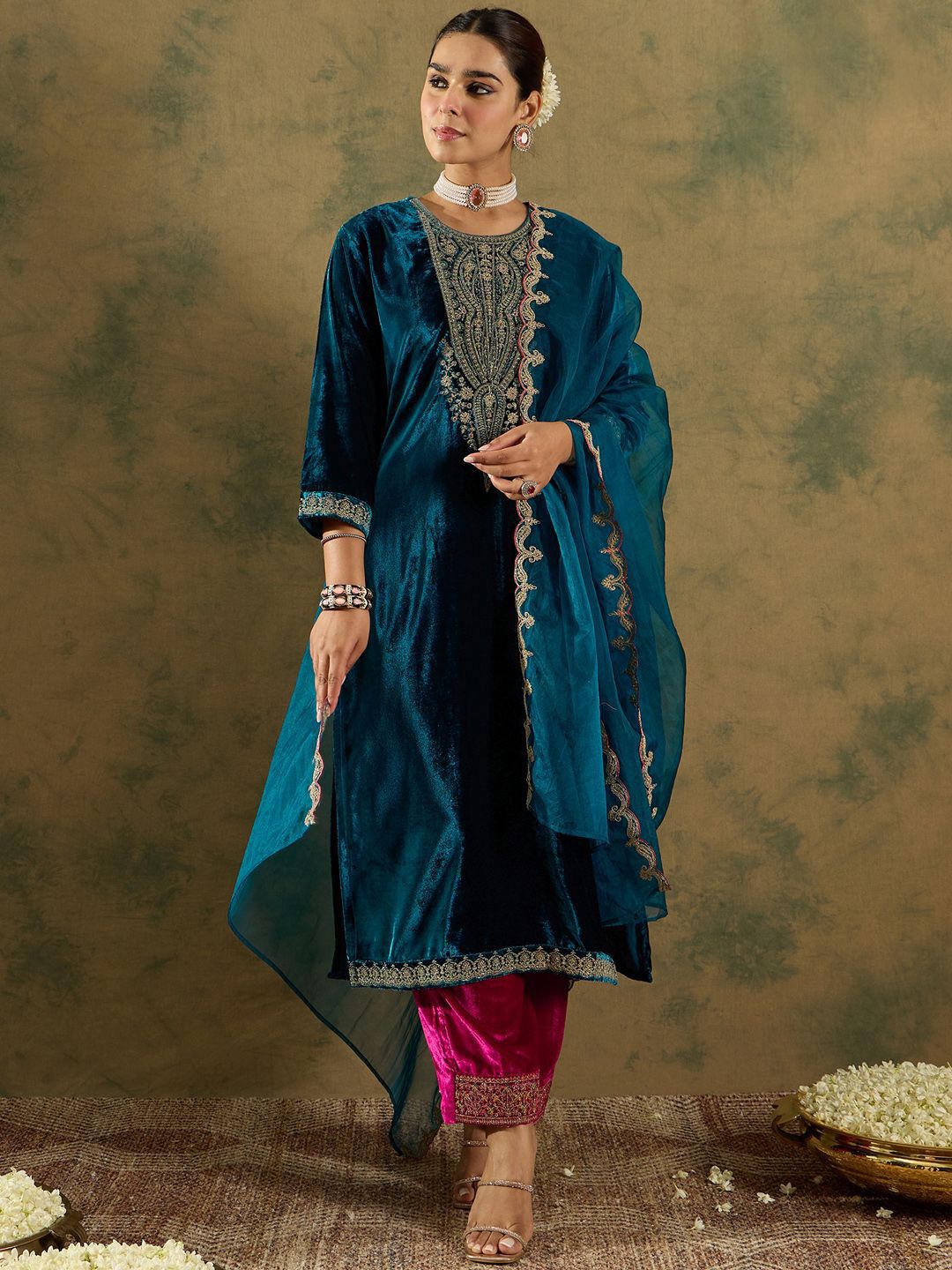 Ethnic Motifs Embroidered Regular Velvet Straight Kurta with Trousers & Dupatta