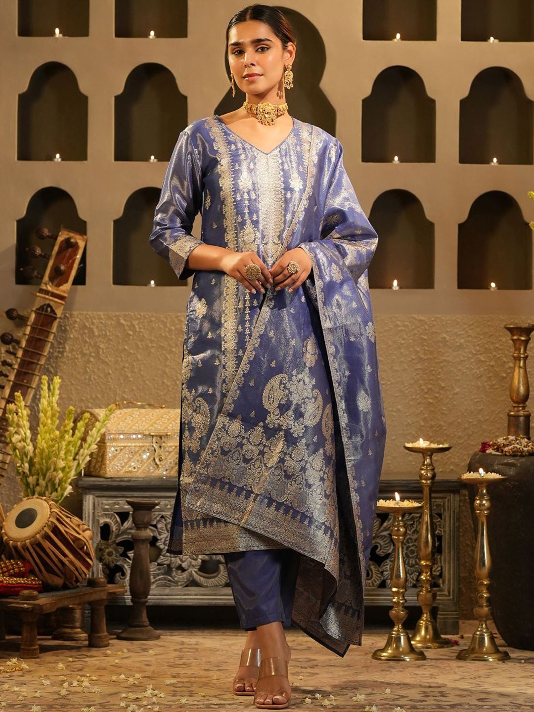 Dhiyona IE Women's Floral Woven Design V-Neck Liva Zari Straight Kurta & Trousers With Dupatta
