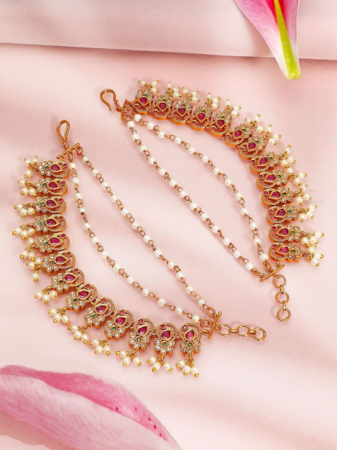 Dhiyona RJ Women's 22K Gold Plated Ruby & Pearl Studded Ear Chain with Delicate Layered Design