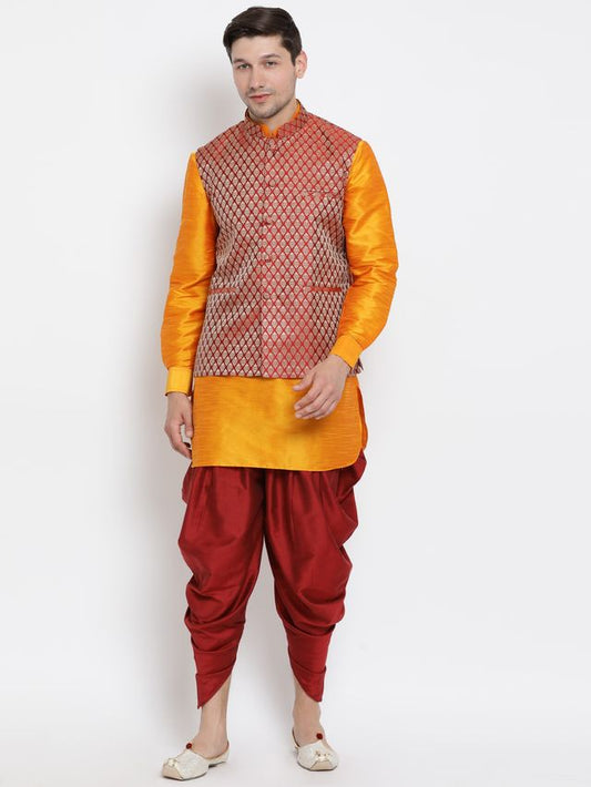 Men's Orange Silk Blend Straight Jacket  Kurta and Dhoti Set