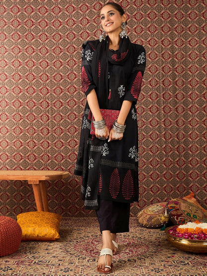 Dhiyona IE Women's Floral Printed Tie-Up Neck Pure Cotton Straight Kurta & Trousers With Dupatta