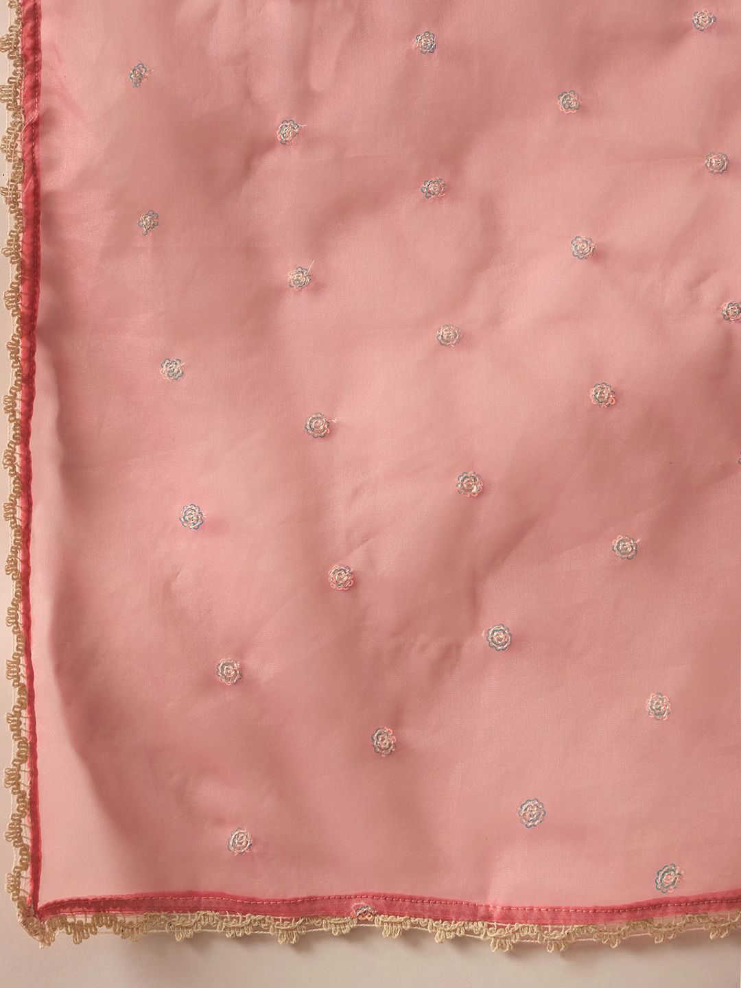 Floral Yoke Design Straight Sequinned Liva Kurta with Trousers & Dupatta