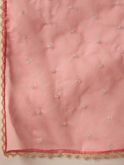 Floral Yoke Design Straight Sequinned Liva Kurta with Trousers & Dupatta