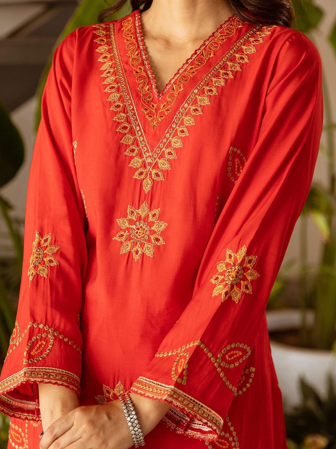 Bandhani Embroidered Straight Sequinned Kurta With Palazzos & Dupatta