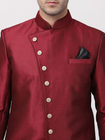 Men's Maroon Silk Blend Straight Sherwani Set