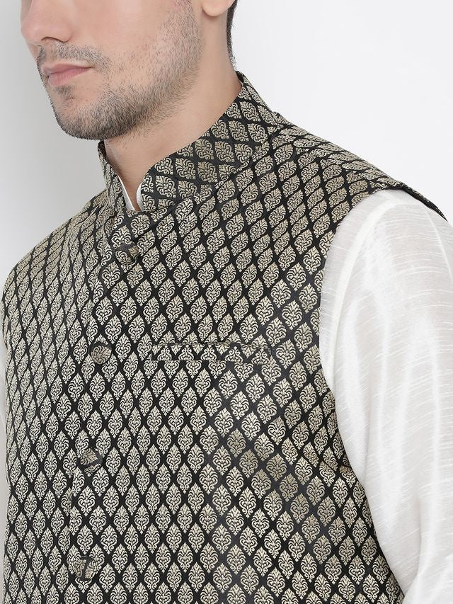 Men's Cream Silk Blend Straight Jacket  Kurta and Pyjama Set