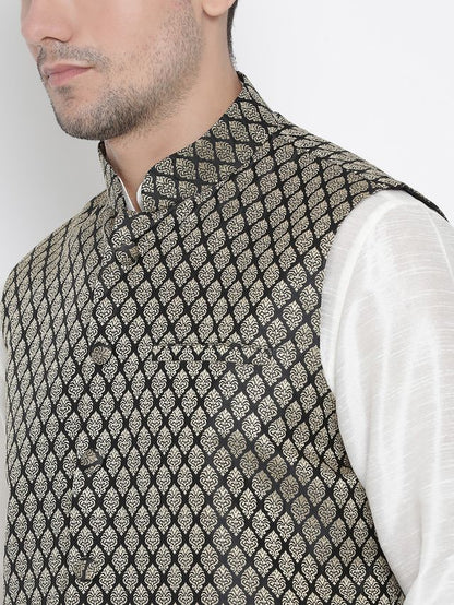 Men's Cream Silk Blend Straight Jacket  Kurta and Pyjama Set