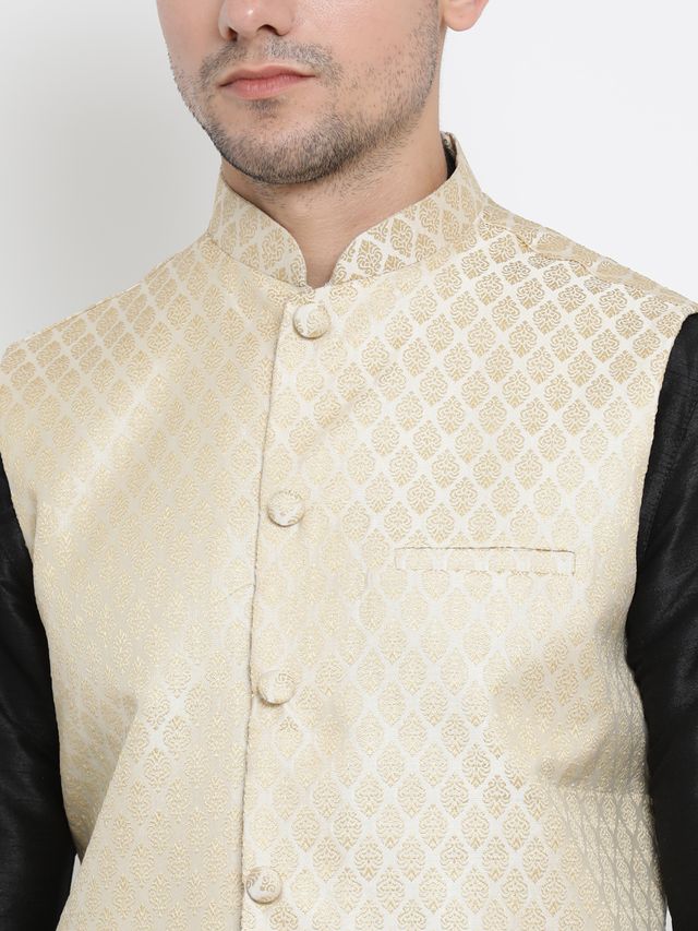 Men's Black Silk Blend Straight Jacket  Kurta and Pyjama Set