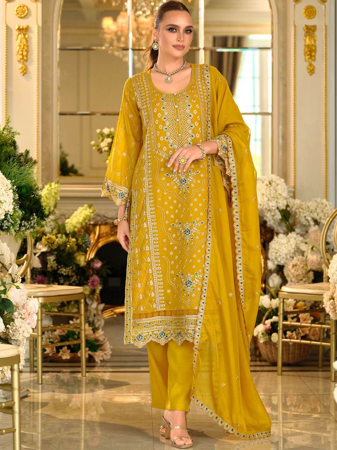 Adults-Women Woven Design Embroidered Kurta with Trousers & Dupatta