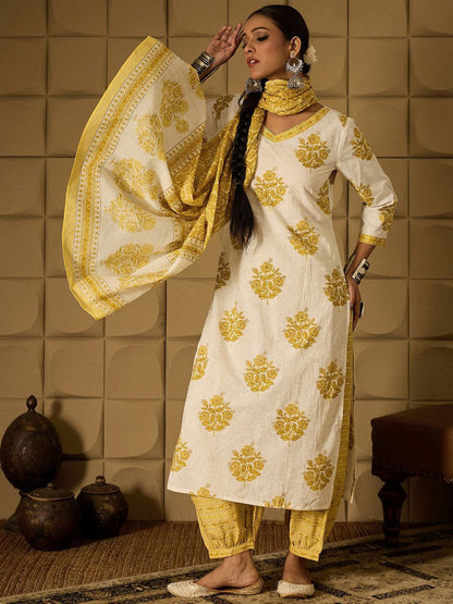 Floral Printed V-Neck Pure Cotton Straight Kurta With Salwar & Dupatta