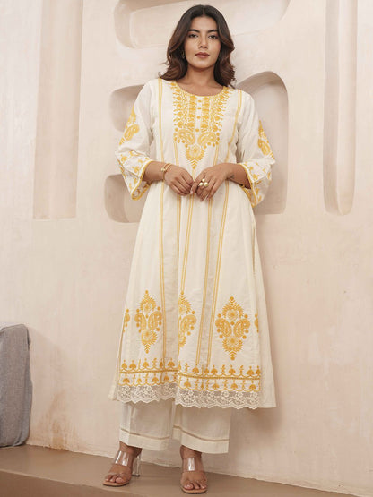 Dhiyona PD Women Floral Embroidered Pure Cotton Kurta & Trousers With Dupatta