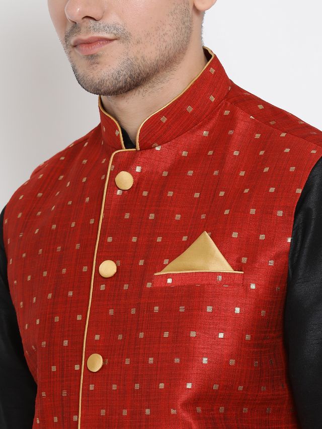 Men's Black Silk Blend Straight Jacket  Kurta and Dhoti Set