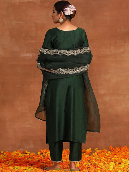 Dhiyona IE Ethnic Motifs Embroidered Straight Zari Liva Kurta with Trousers & Dupatta