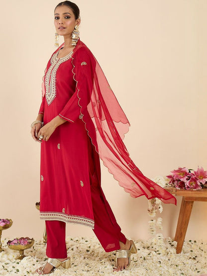 Women Ethnic Motifs Embroidered Regular Thread Work Kurta with Trousers & With Dupatta