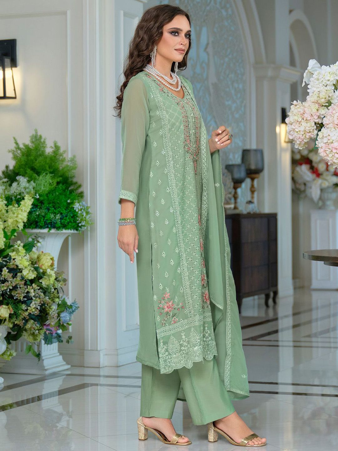 Adults-Women Woven Design Embroidered Kurta with Trousers & Dupatta