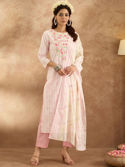 Dhiyona IE Women Floral Embroidered Thread Work Pure Cotton Kurta with Trousers & Dupatta
