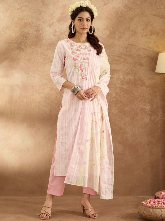 Dhiyona IE Women Floral Embroidered Thread Work Pure Cotton Kurta with Trousers & Dupatta