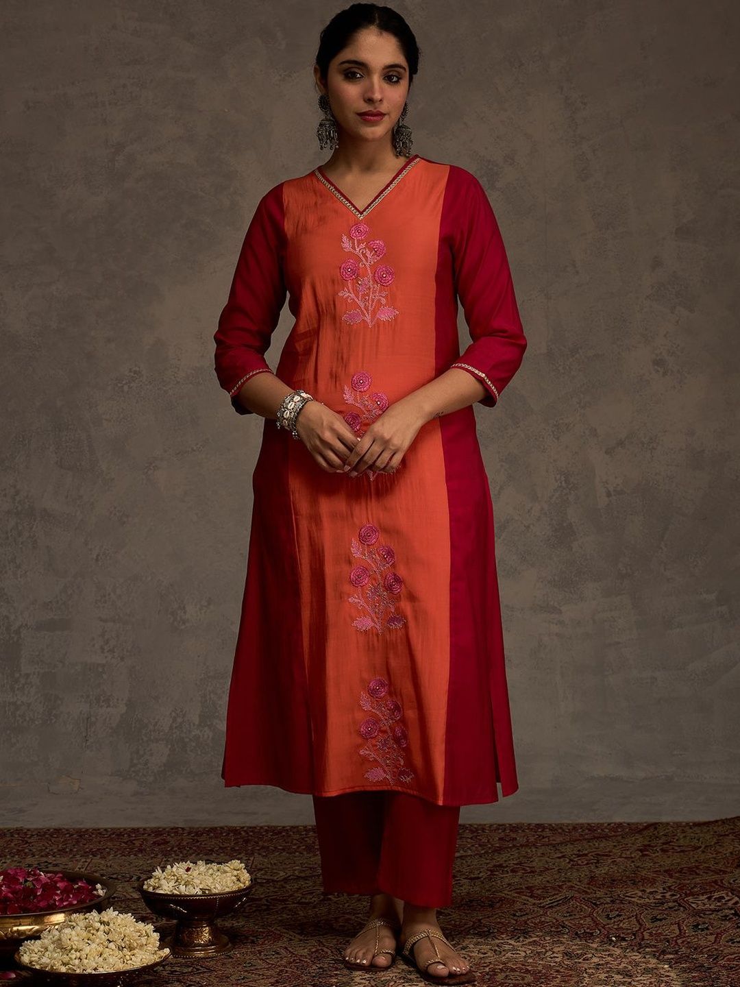 Women Floral Embroidered Anarkali Kurta with Trousers