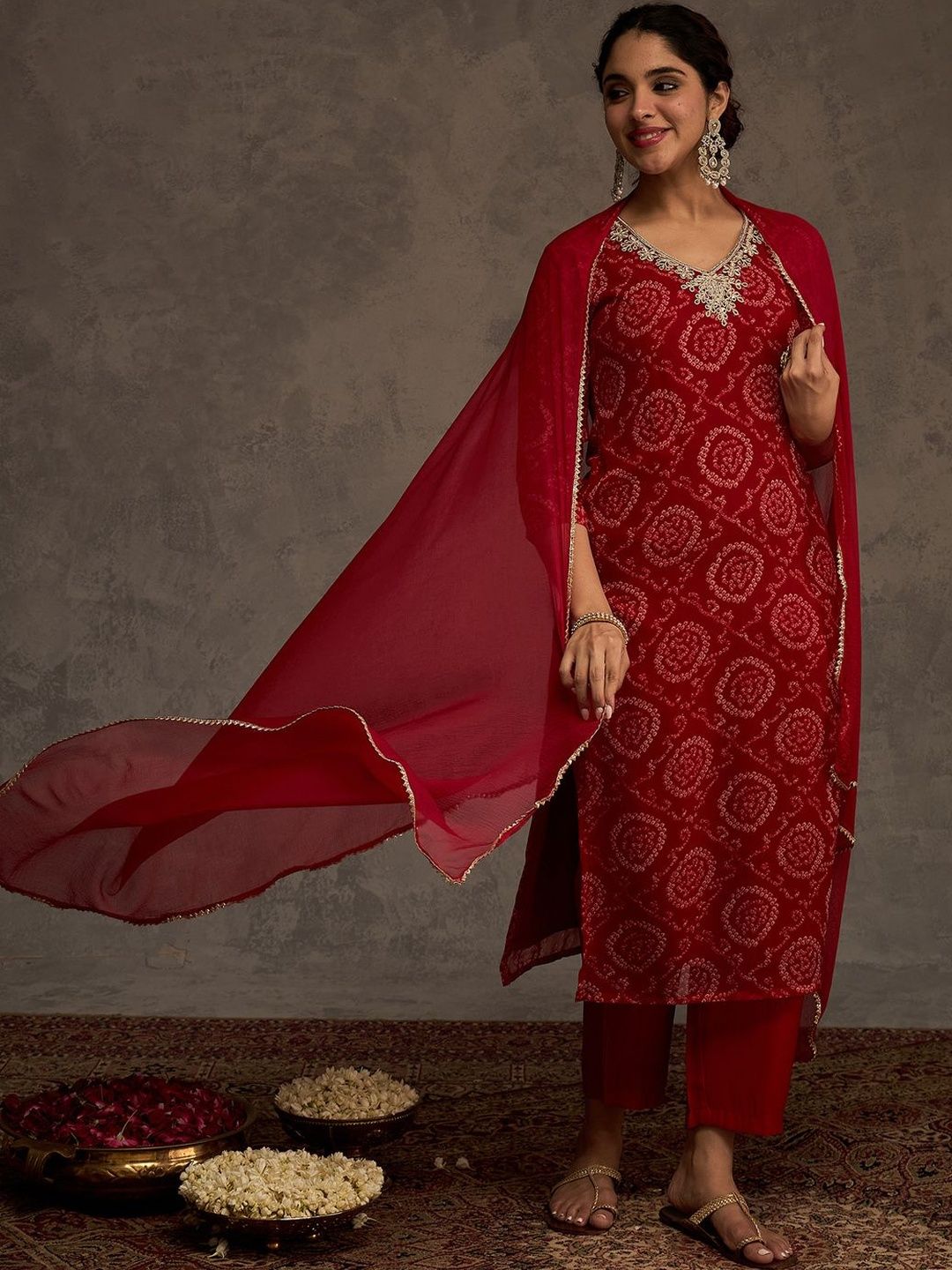 Bandhani Printed Straight Sequinned Work Kurta With Trousers & Dupatta