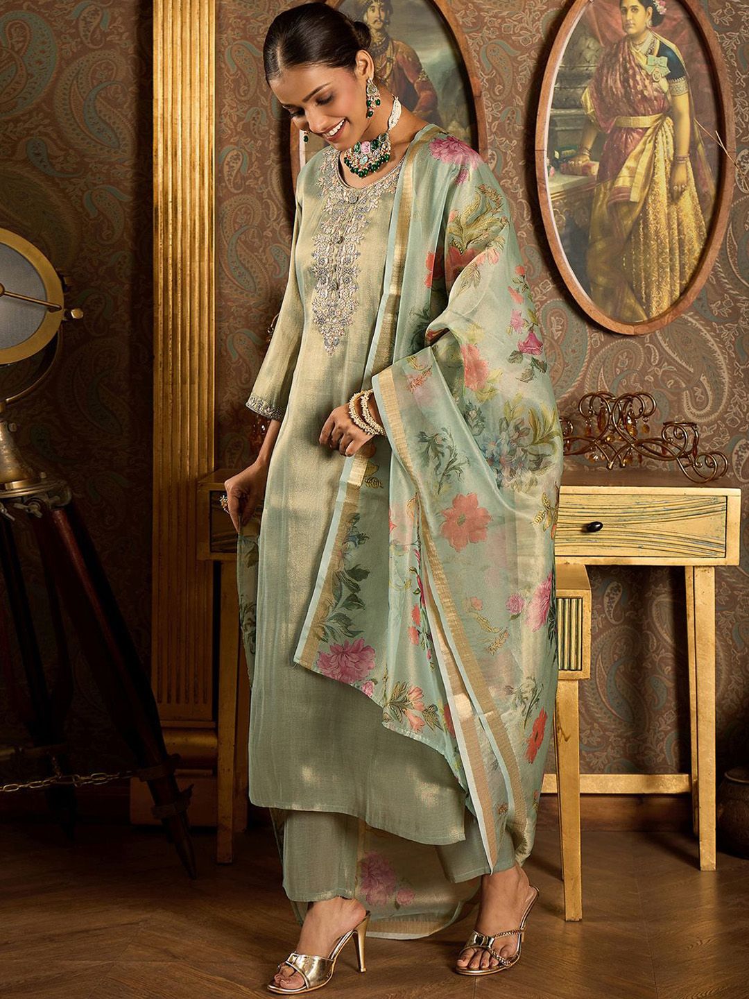 Dhiyona IE Ethnic Motifs Embroidered Zari Liva Kurta With Trousers & Dupatta