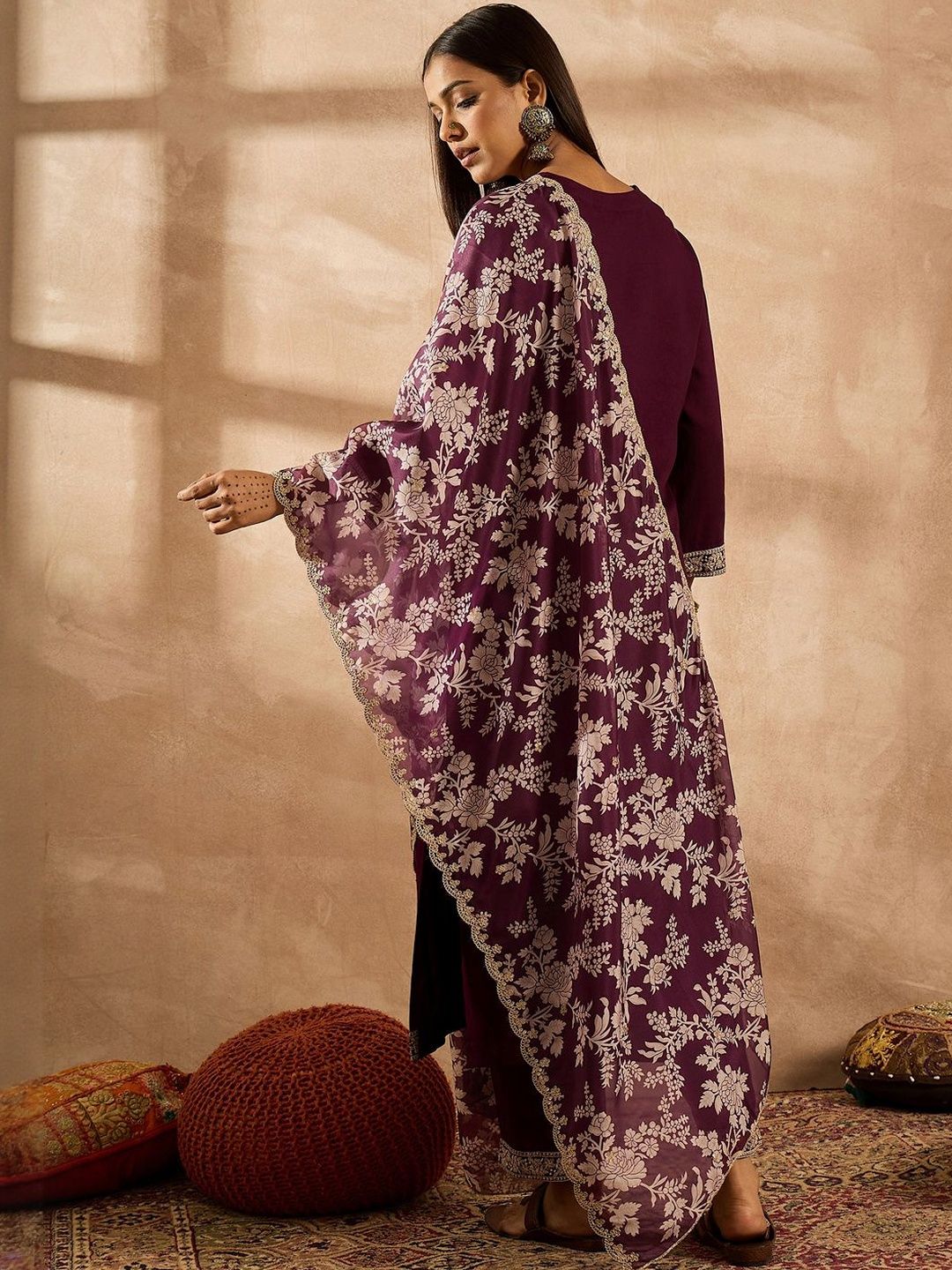 Floral Embroidered Straight Zari Work Kurta With Trousers & Dupatta